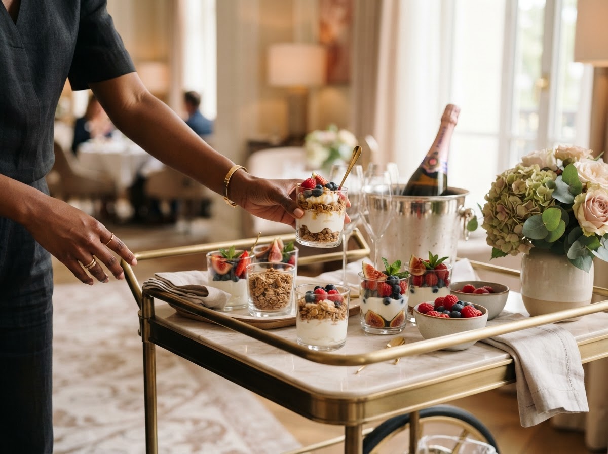 Soft Parfaits — Yogurt parfait cart — layered cups with granola & fresh fruit.