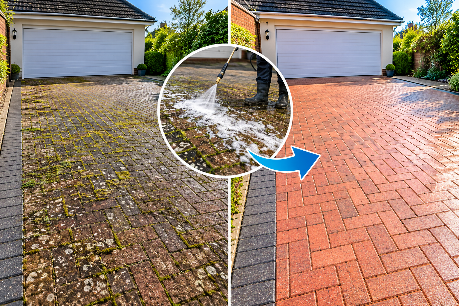 Before and after driveway pressure washing and biocide treatment showing heavy moss removal and restored red brick paving