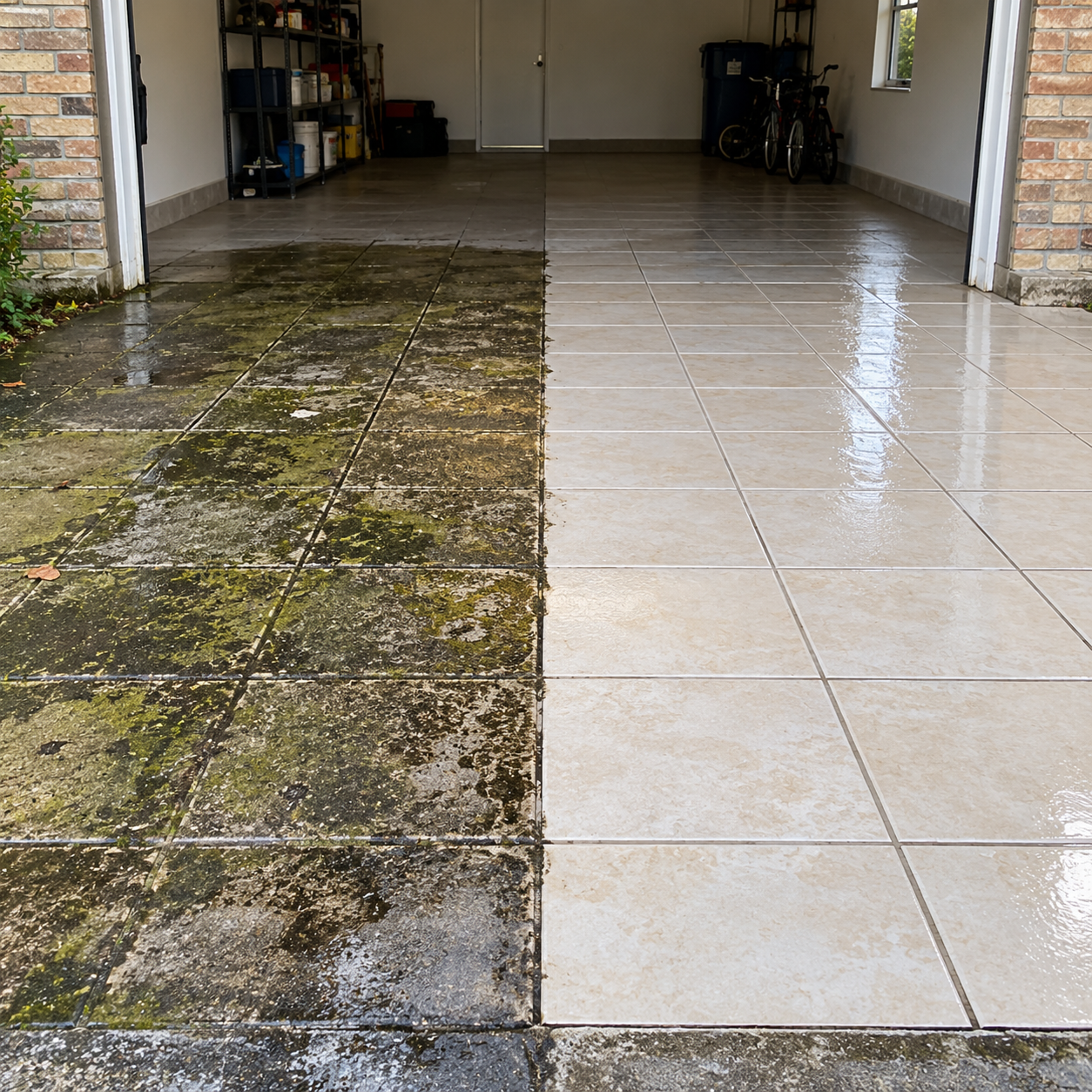 Before and after deep cleaning tile surface showing dark moss and dirt removed to reveal bright pristine tiles