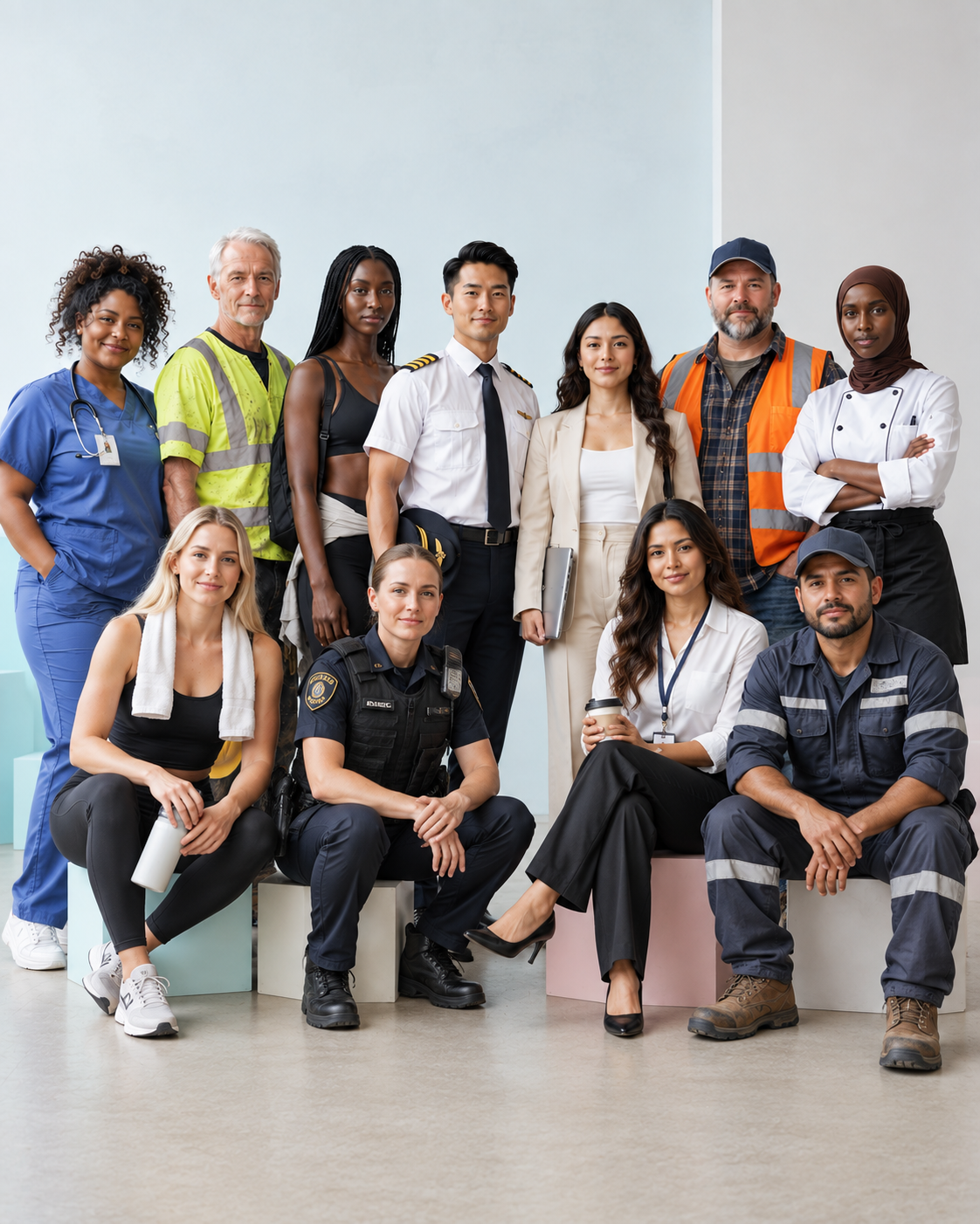 Diverse group of hardworking professionals and everyday people in uniforms and daily wear who run hot