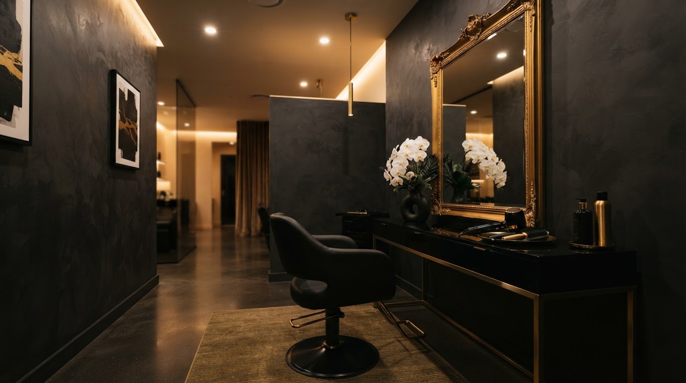 Attraction Hair, Beauty, Aesthetics, Tanning Salon & Academy premium treatment room in noir and gold tones