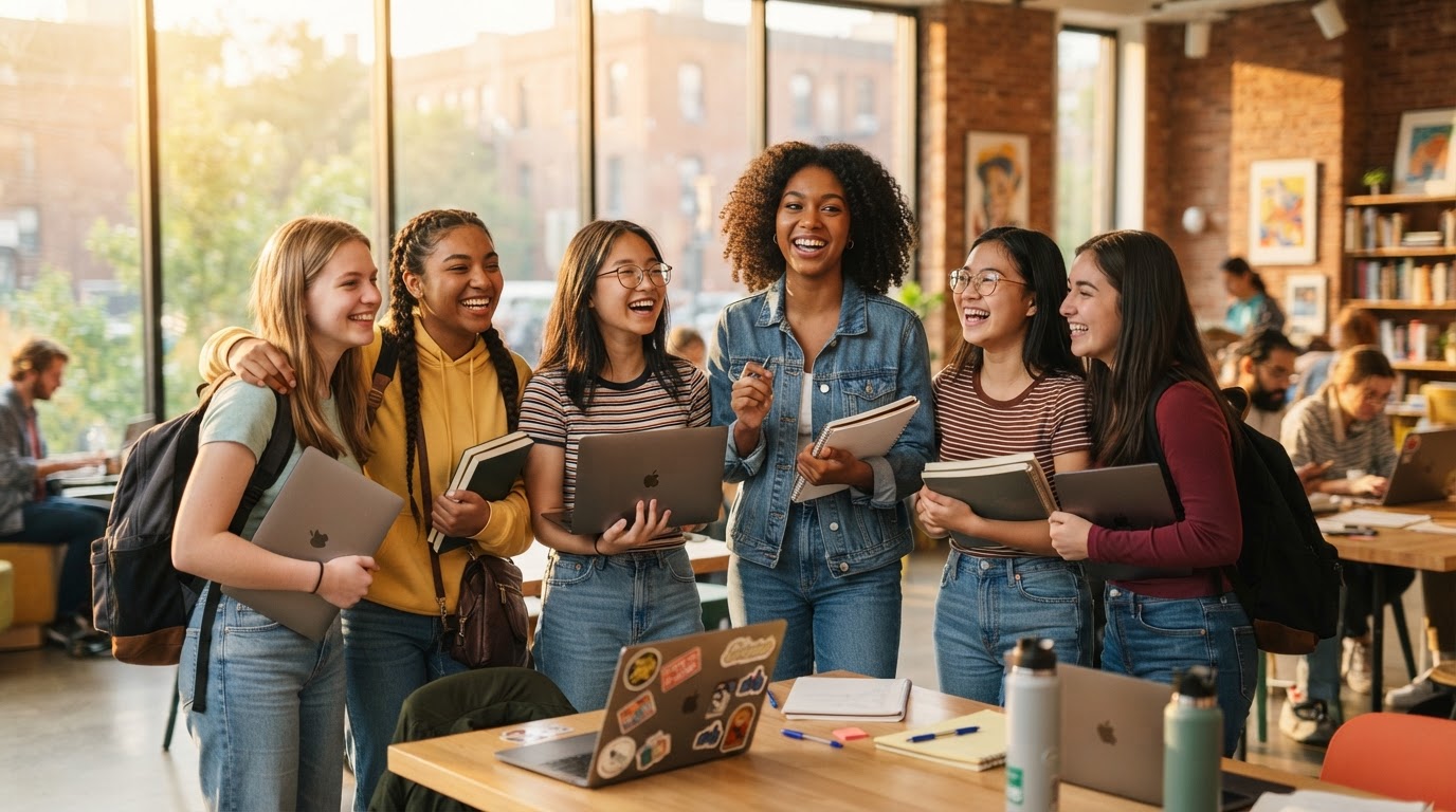 Diverse group of confident young women and teenagers in a bright community space