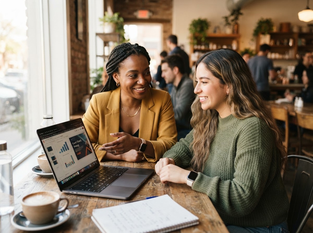 A mentor guiding a younger woman over a laptop