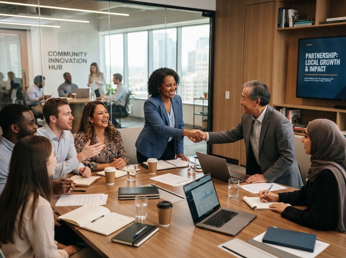 Community leaders collaborating around a conference table