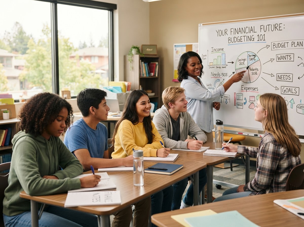 Teenagers learning financial education in a classroom