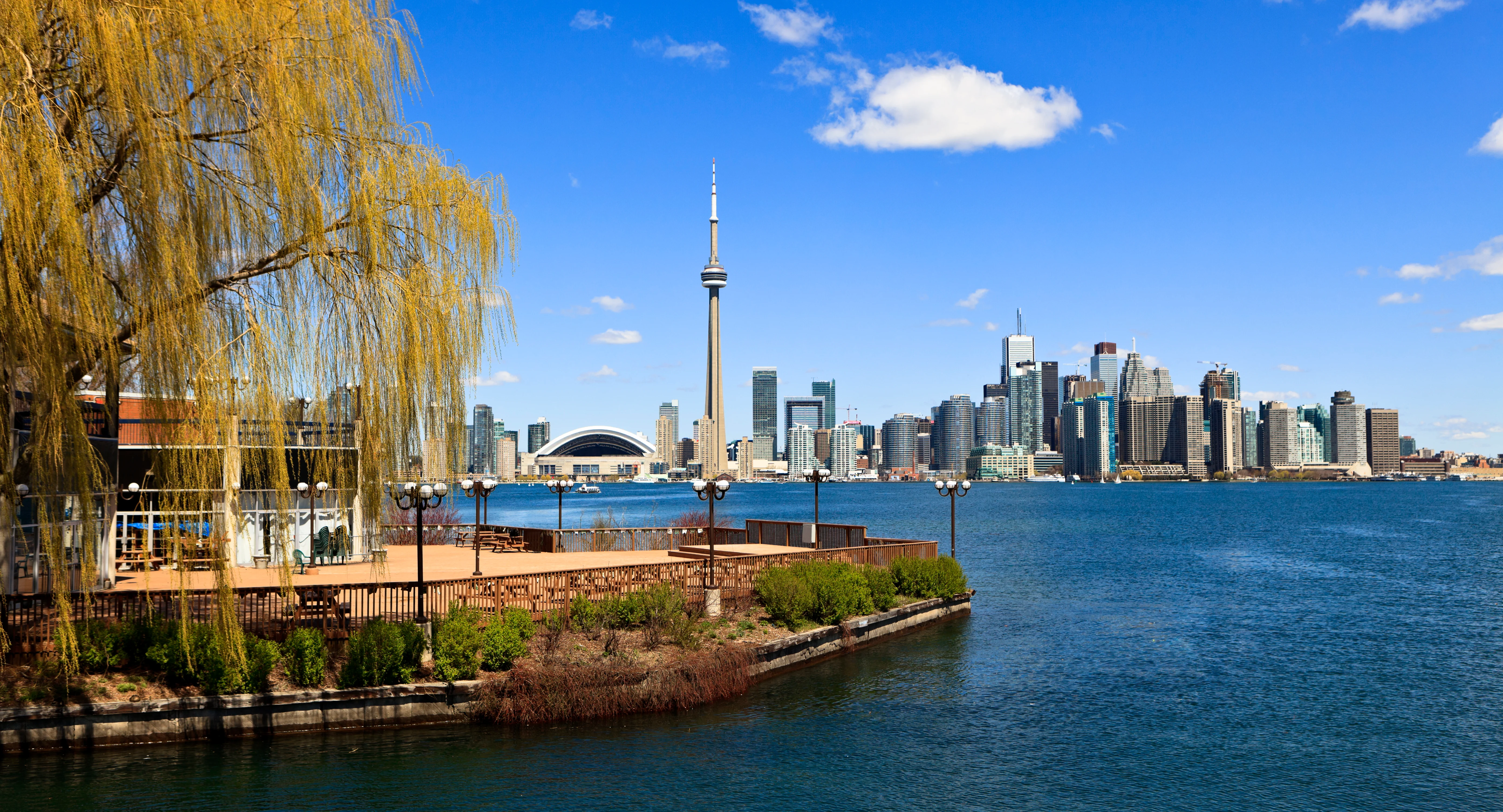 Toronto skyline from Toronto Island waterfront featuring the CN Tower