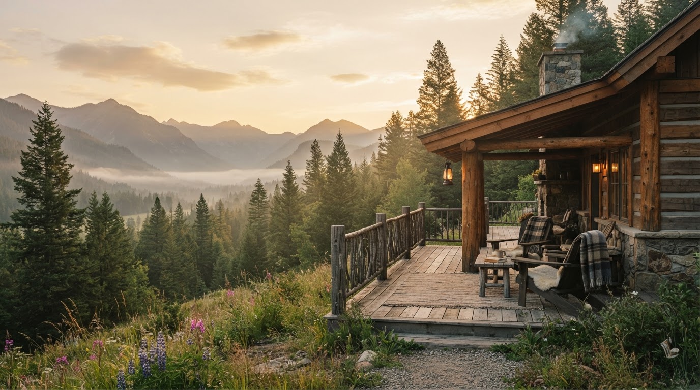 Serene mountain ranch retreat lodge at golden hour