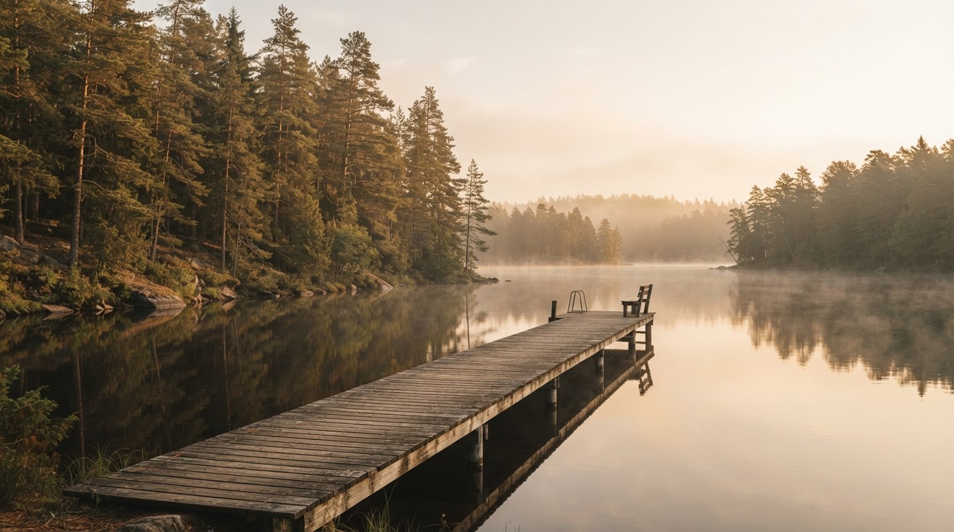 Quiet lakeside retreat dock at golden hour