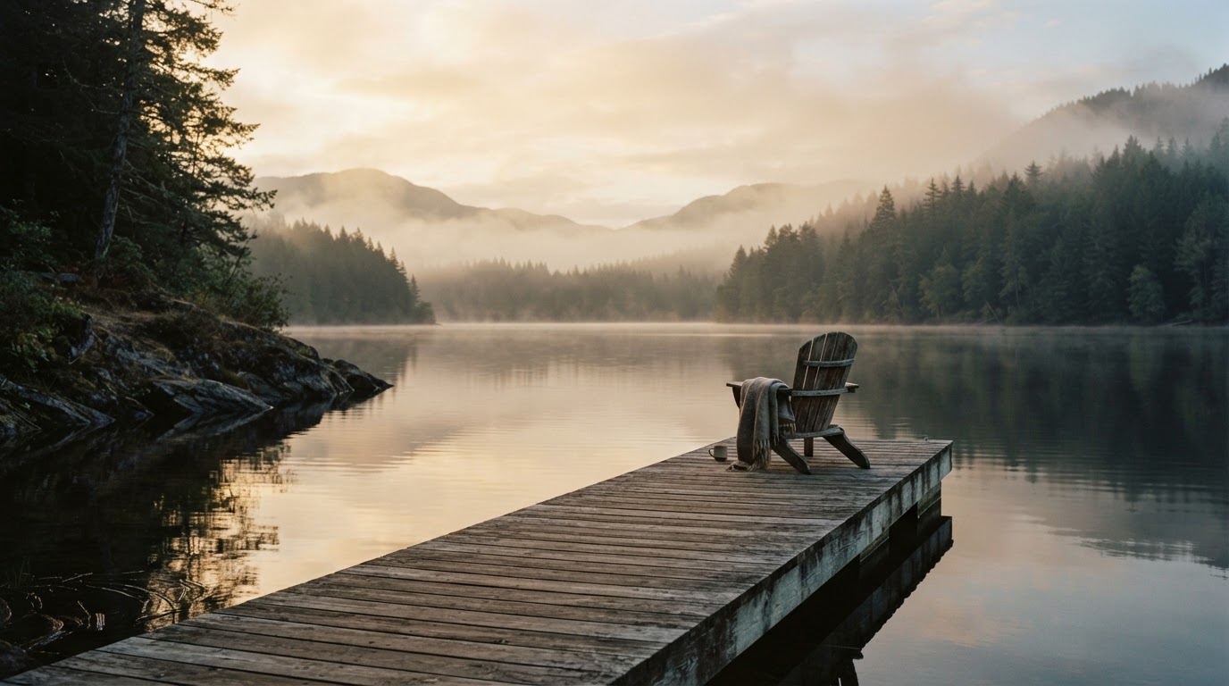 Quiet lakeside dock at golden hour