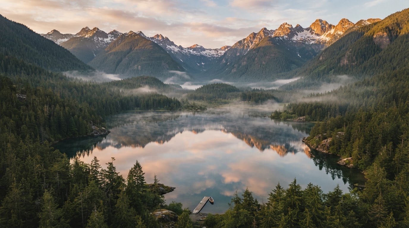 Peaceful mountain lake at sunrise with soft mist