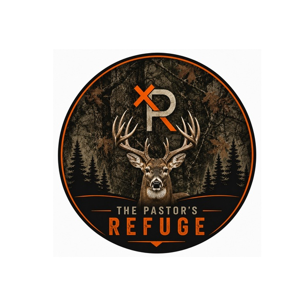 The Pastor's Refuge circular emblem decal with timber deer and blaze orange cross-R logo