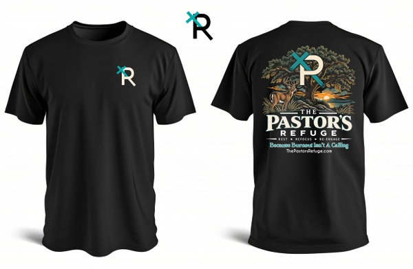 The Pastor's Refuge black signature tee with front chest logo and full back sunset tree and deer artwork