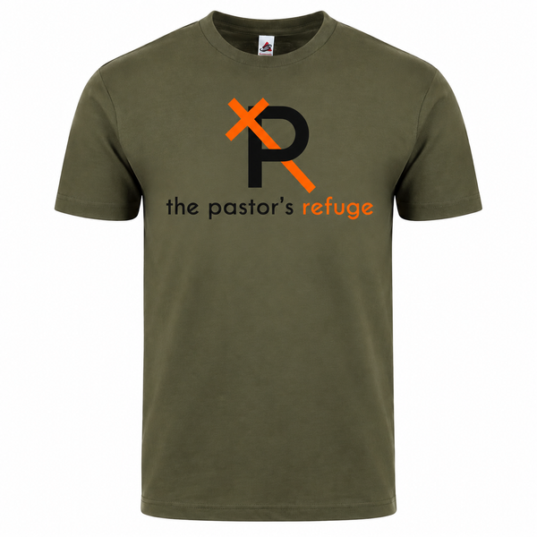 The Pastor's Refuge olive green tee with black and blaze orange cross-R logo