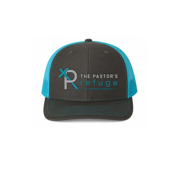 The Pastor's Refuge charcoal and turquoise mesh trucker cap with embroidered logo