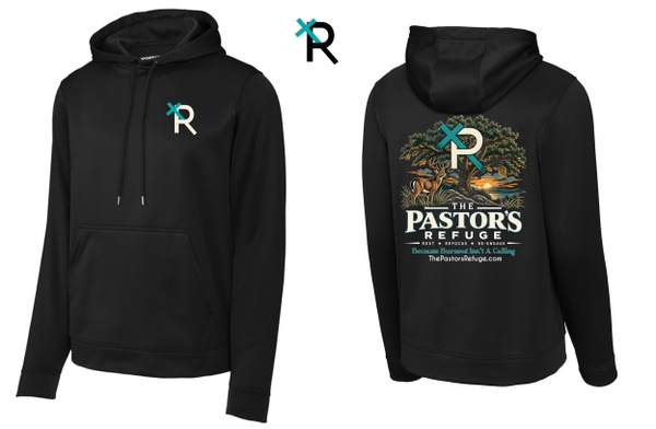 The Pastor's Refuge black pullover hoodie with front chest logo and full back artwork