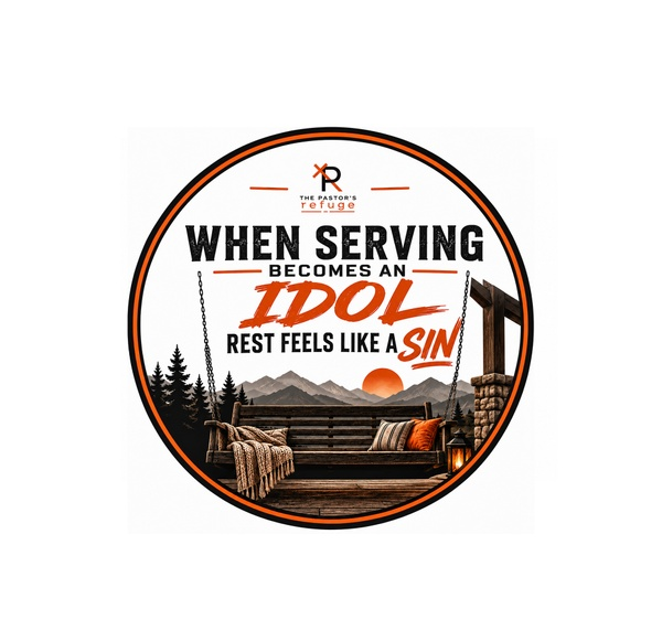 The Pastor's Refuge circular sticker with porch swing and quote: When serving becomes an idol rest feels like a sin