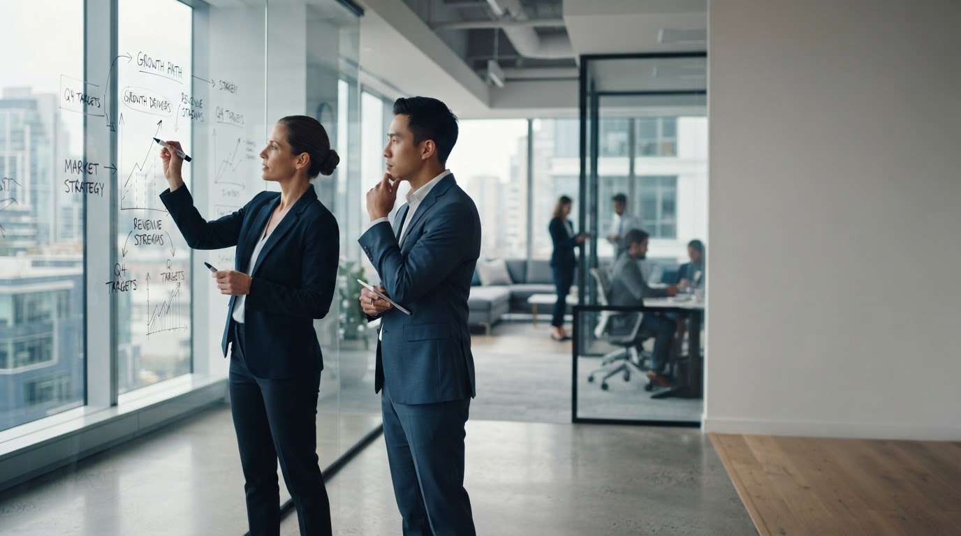 Business consultants reviewing strategy on a glass board in a bright, modern office