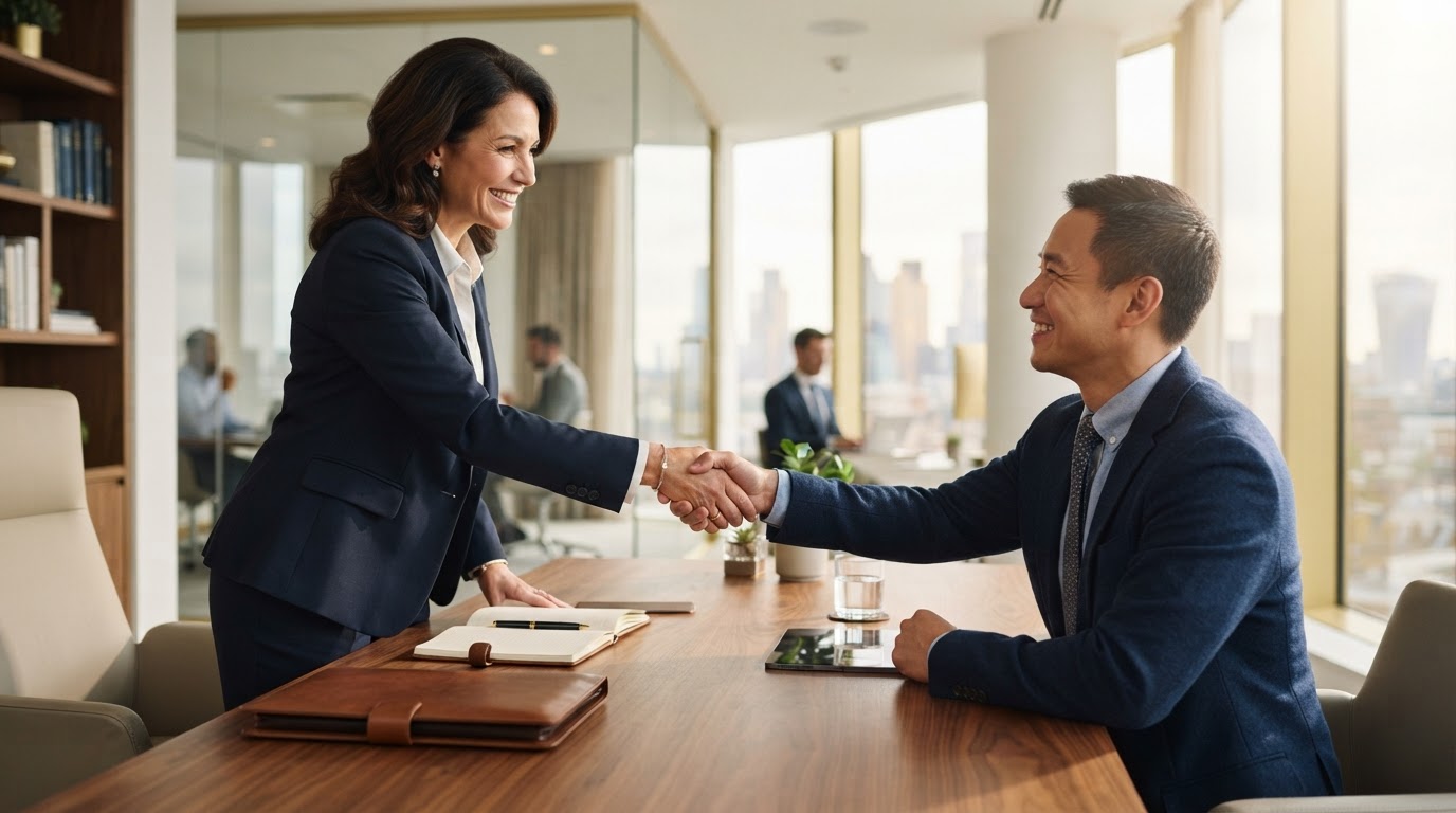 HR Life financial advisor meeting with a client in a modern office