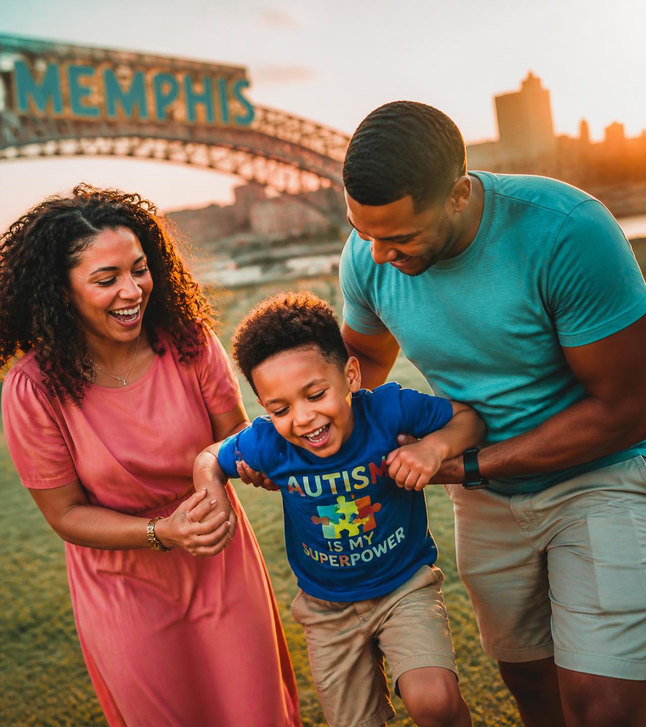 A smiling family walking together outdoors in Memphis with a child wearing an autism pride shirt