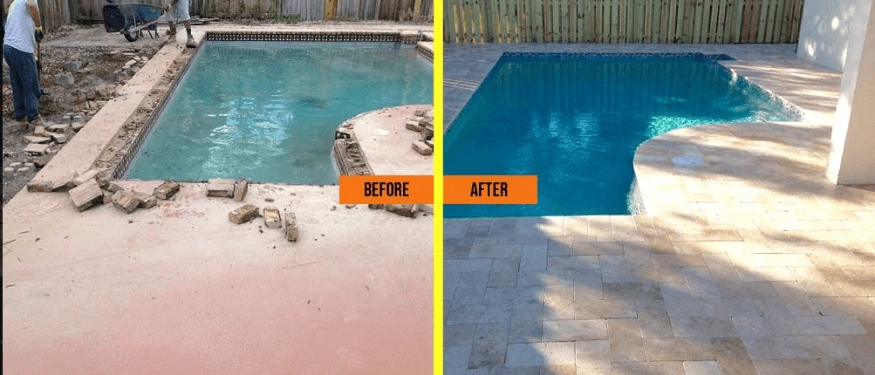 Before-and-after Precision pool remodeling project involving the pool edge and surrounding deck