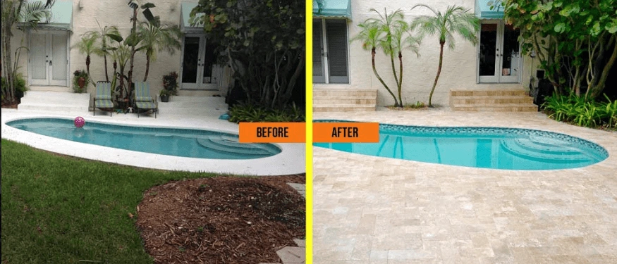 Before-and-after Precision pool project illustrating an updated pool interior, coping, and surrounding deck