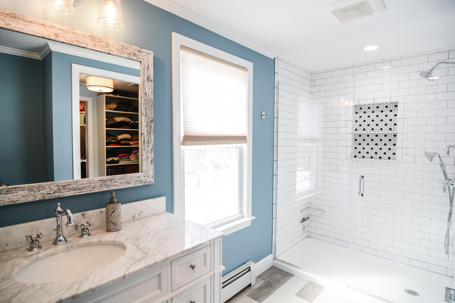Dedham master bath with custom vanity and tile work