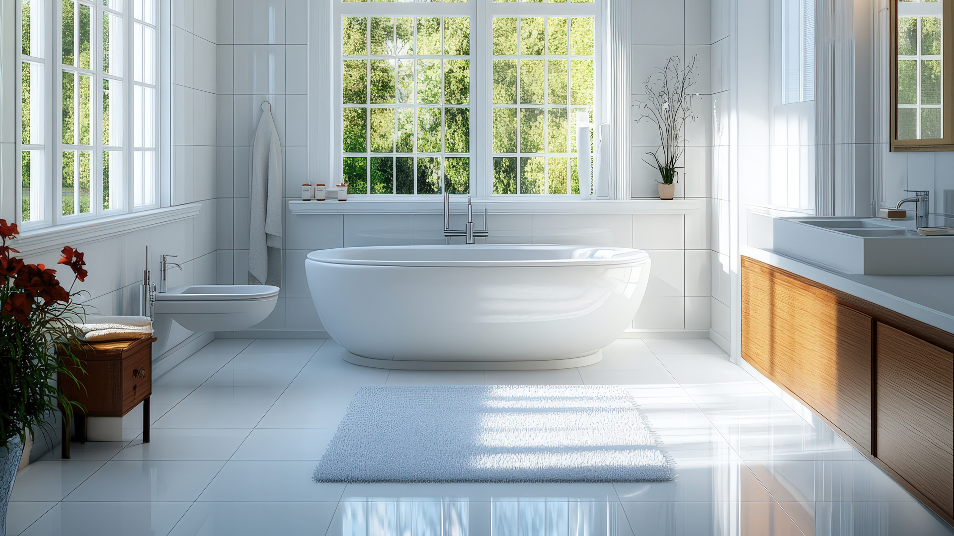Bright luxury remodeled bathroom with freestanding soaking tub, custom vanity, and natural light