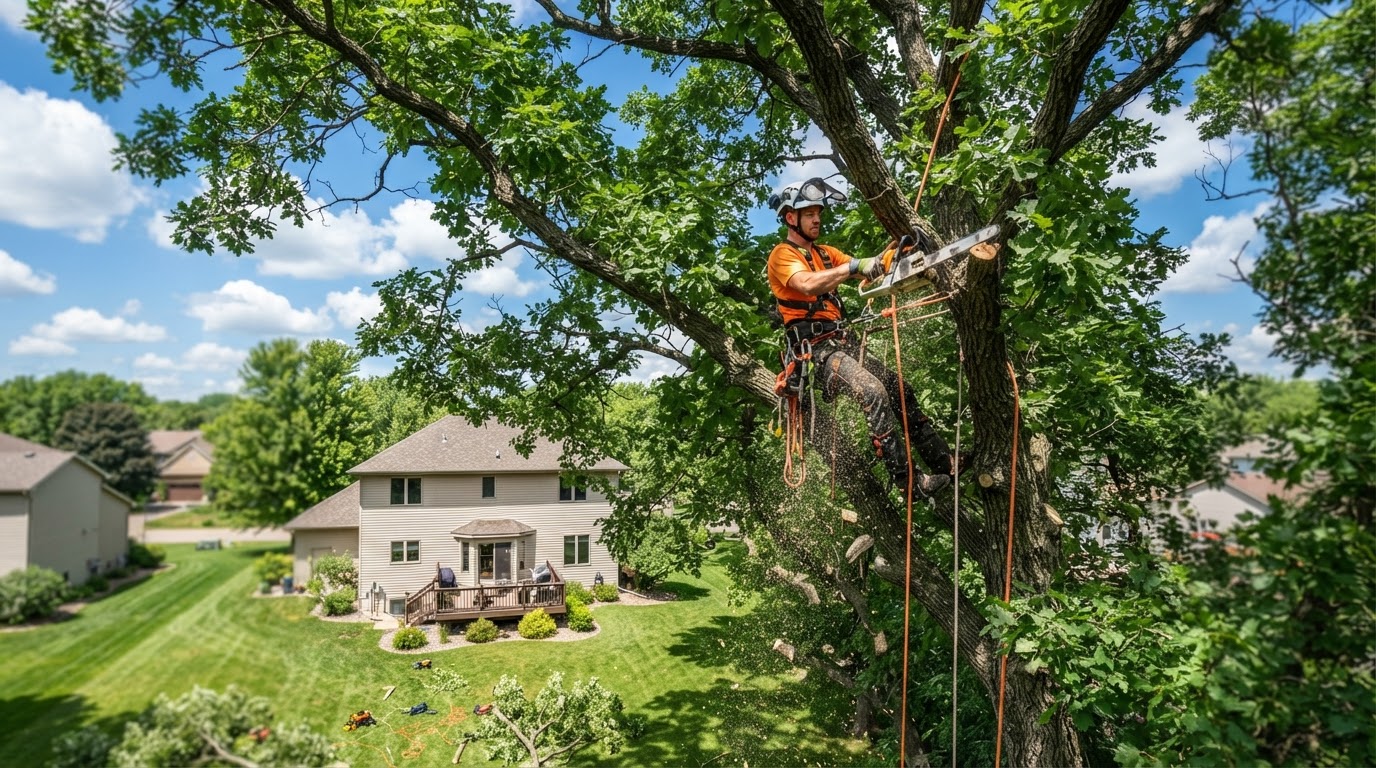 Professional arborist carefully trimming a large tree in a suburban Bloomington yard
