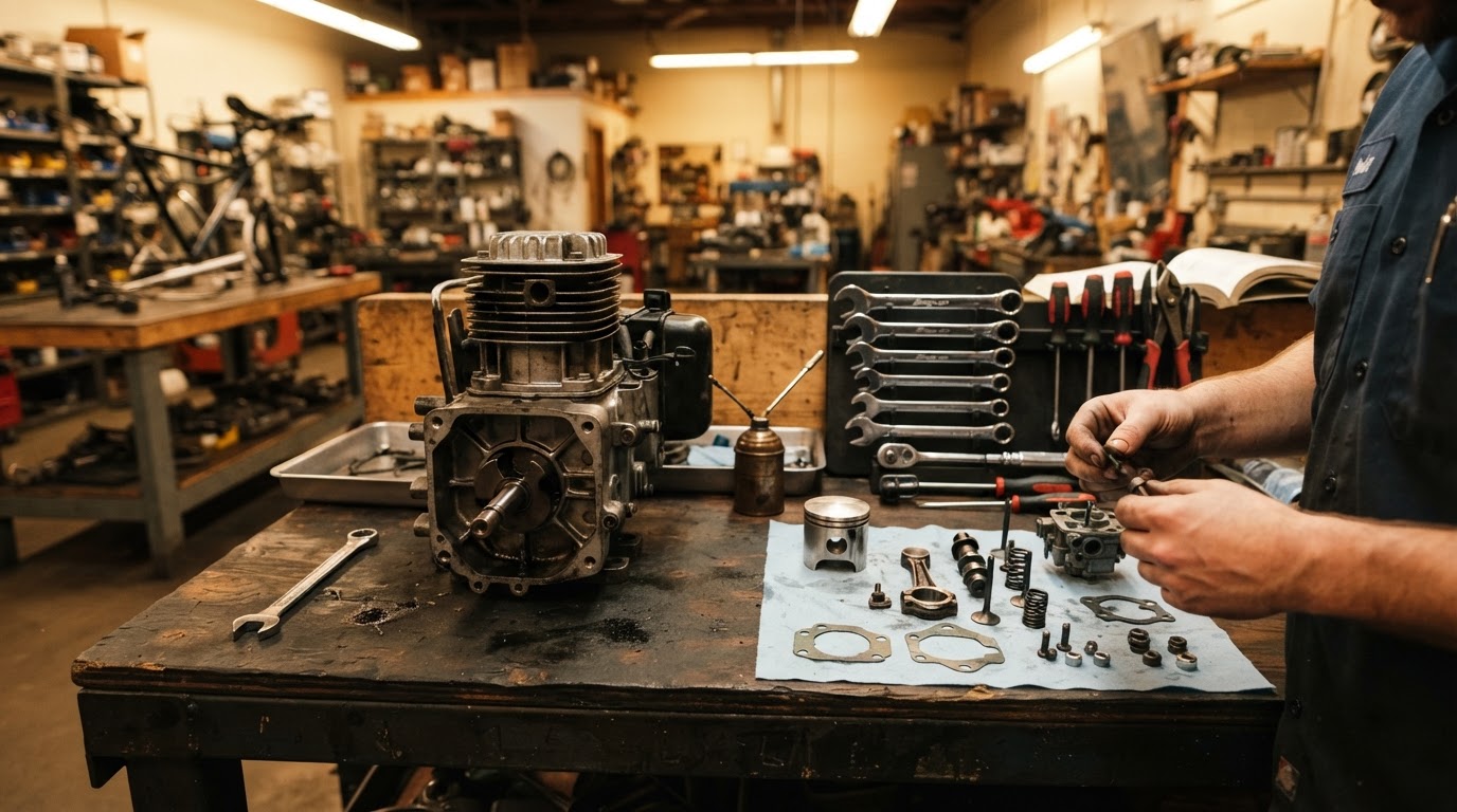 Small engine mechanic workbench with disassembled engine and tools