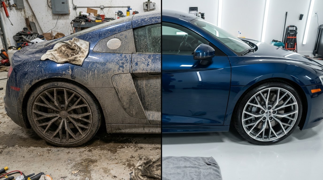 Detailing paint correction before and after comparison