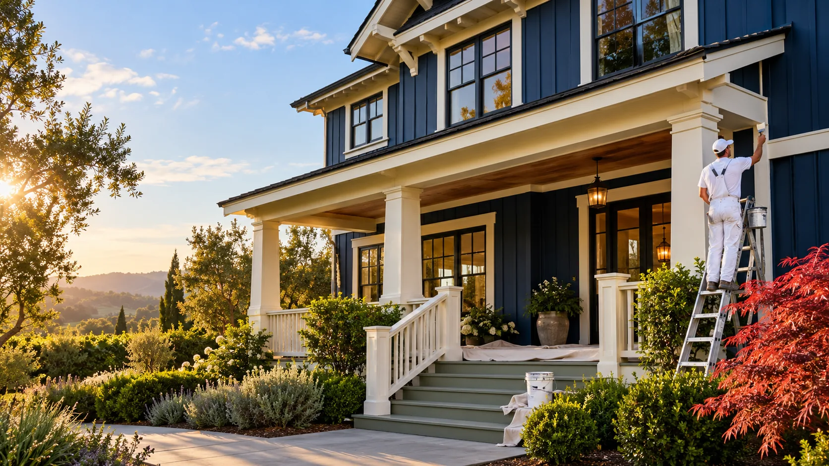 Craftsman home with navy blue board and batten siding and cream trim being painted by a professional painter on a ladder