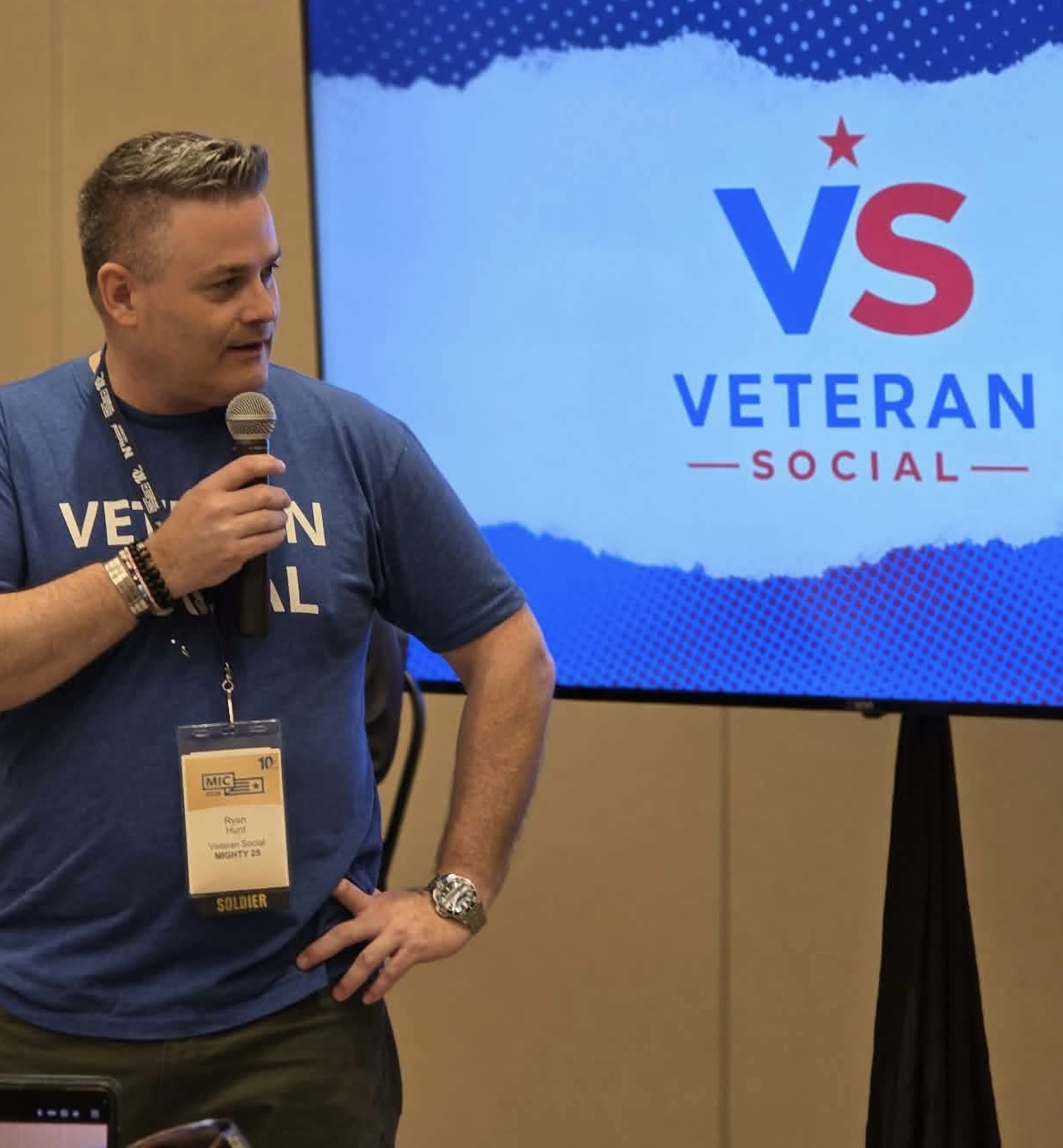 Ryan Patrick Hunt speaking at Veteran Social Live at Military Influencer 2026 in Tampa