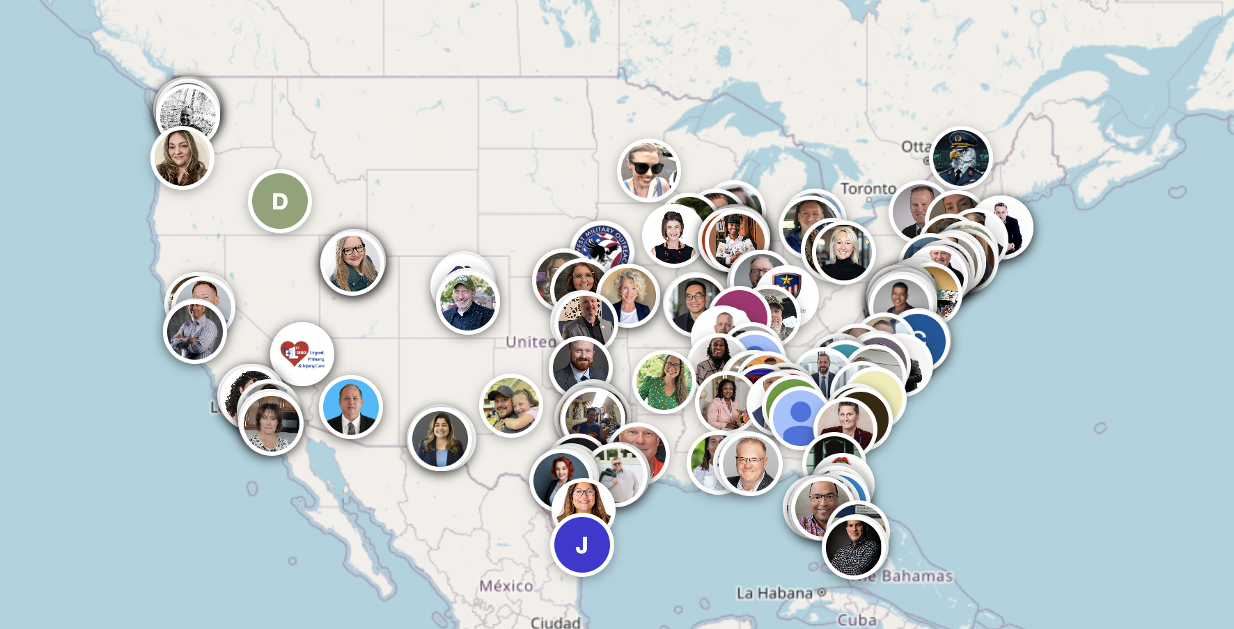 Veteran Social Virtual Community Map showing members and leaders across the United States