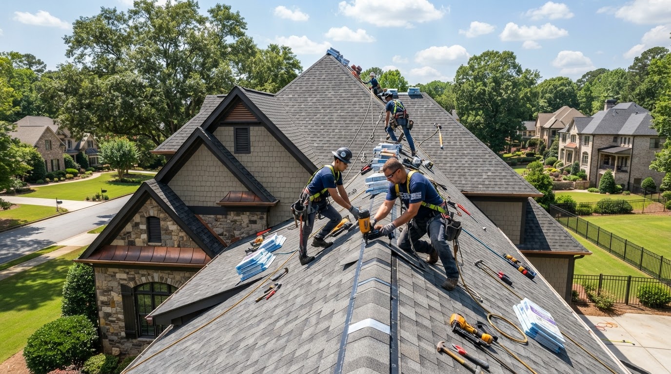 Professional roofers installing architectural shingles in Georgia