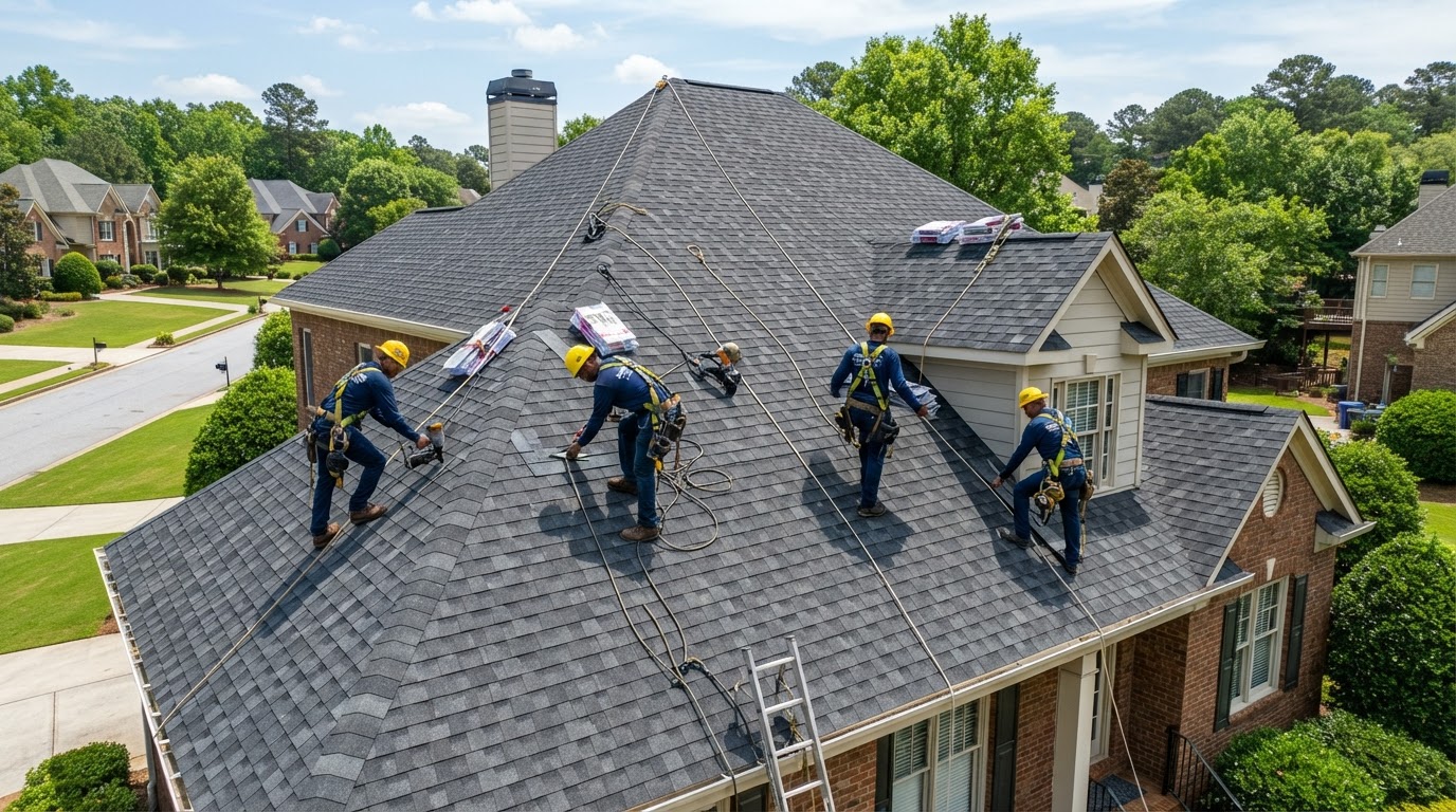 Peachtree Roofing crew installing shingles on a Georgia home