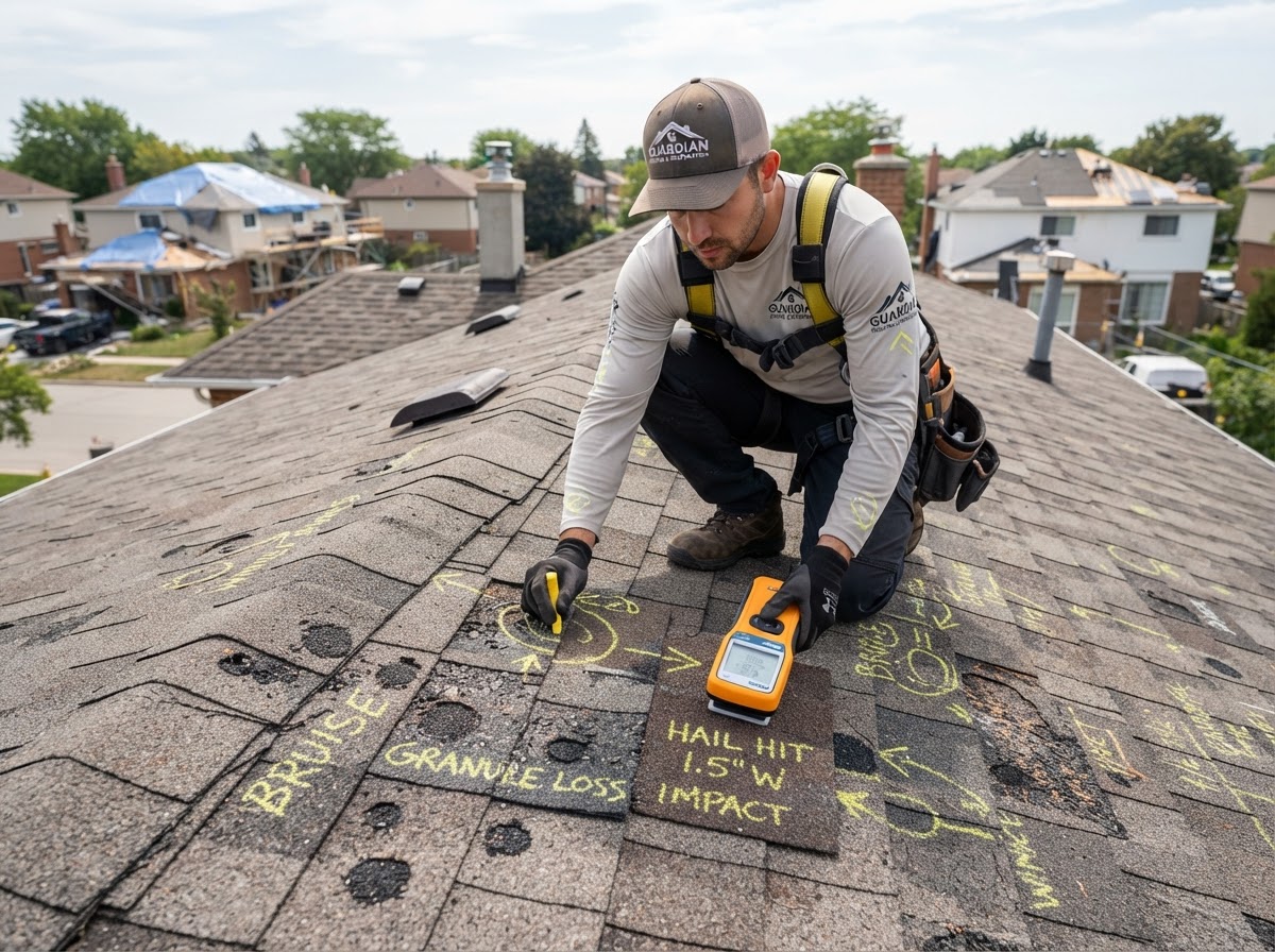 Roof technician inspecting hail and storm wind damage