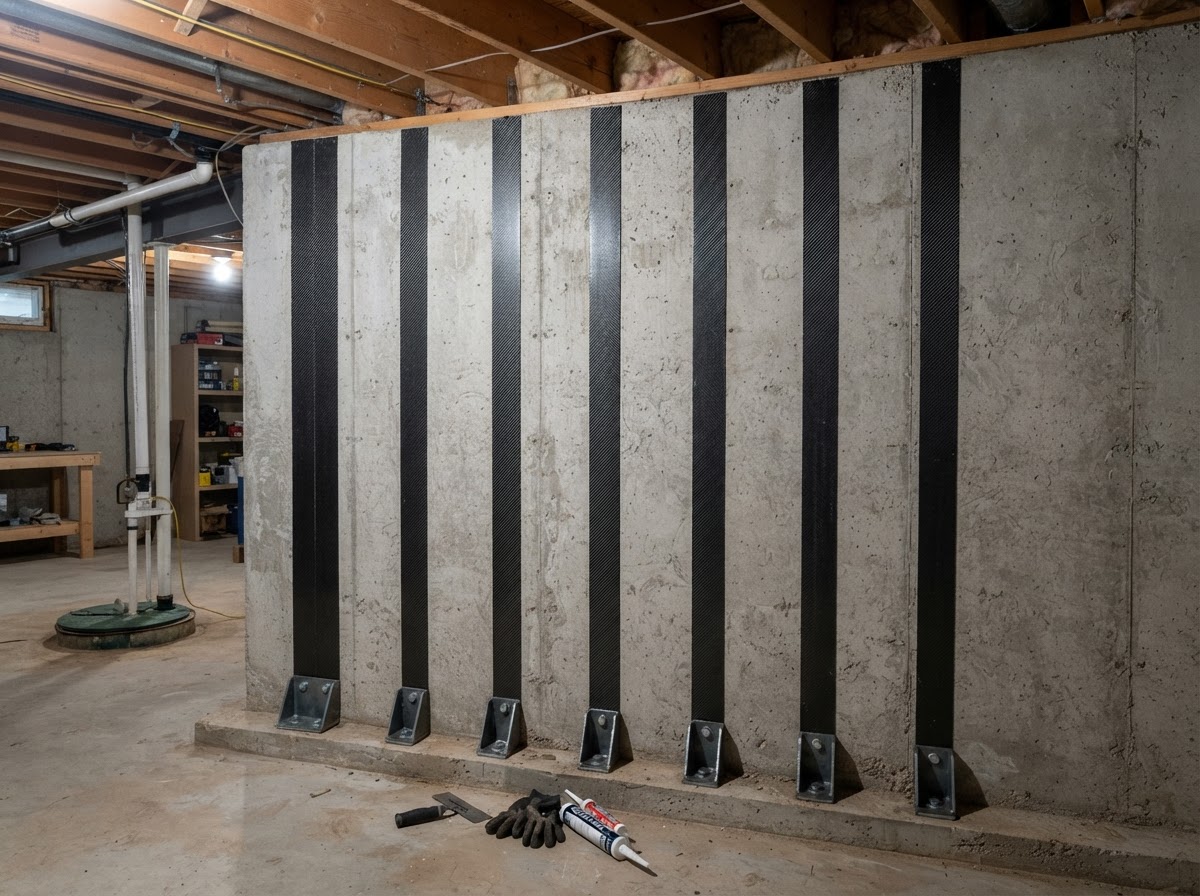Carbon fiber strips bonded to a basement wall to stop inward bowing