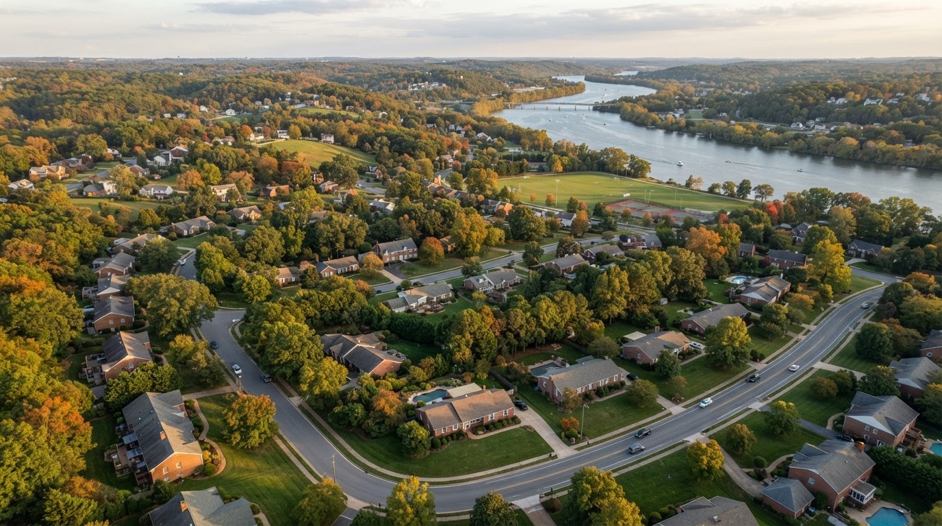 Suburban Midlothian neighborhood with rolling green hills and ranch-style homes