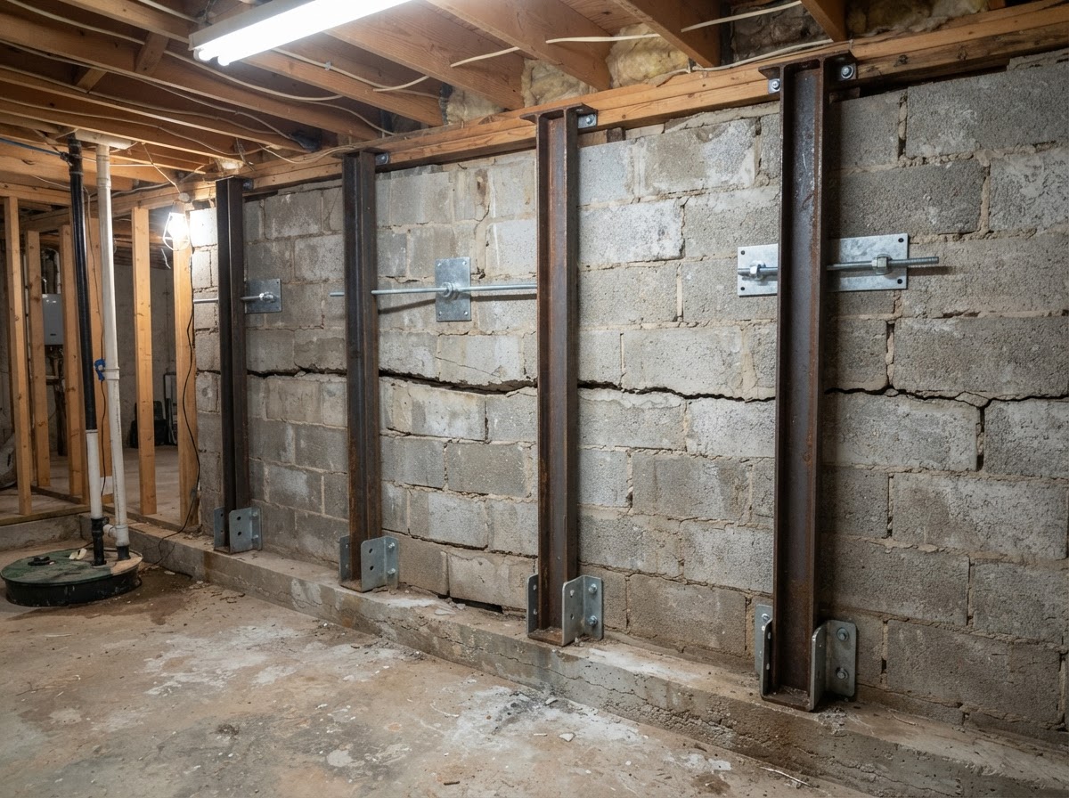 Bowing basement wall reinforced with steel wall anchors and braces