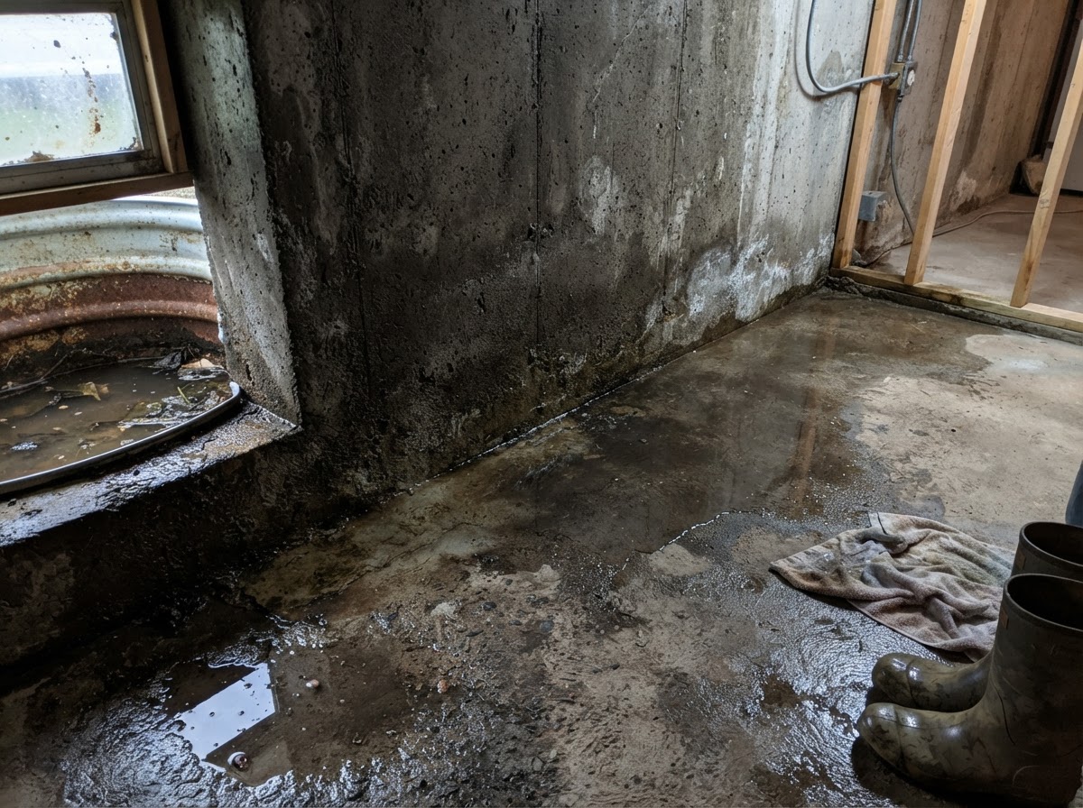 Water seeping into a basement at the floor-wall joint after heavy rain