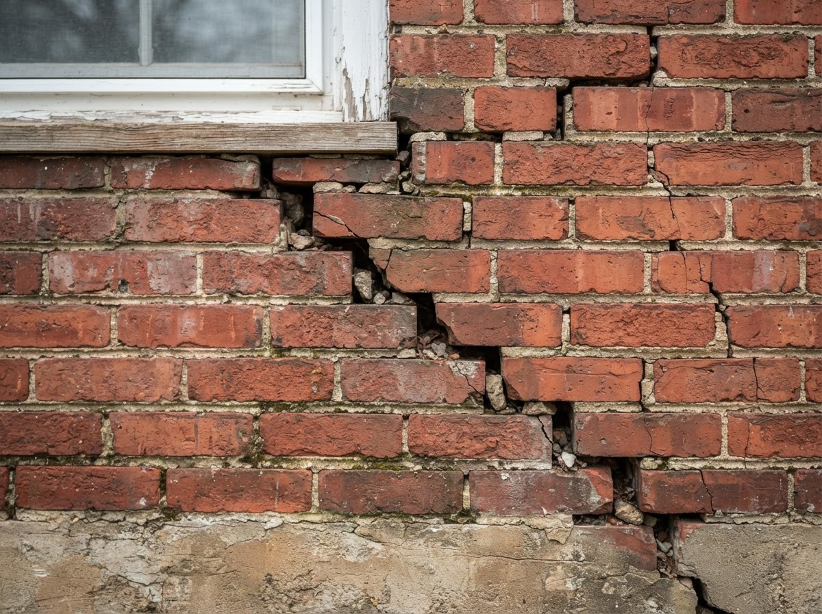 Stair-step crack in a red brick wall showing foundation settling