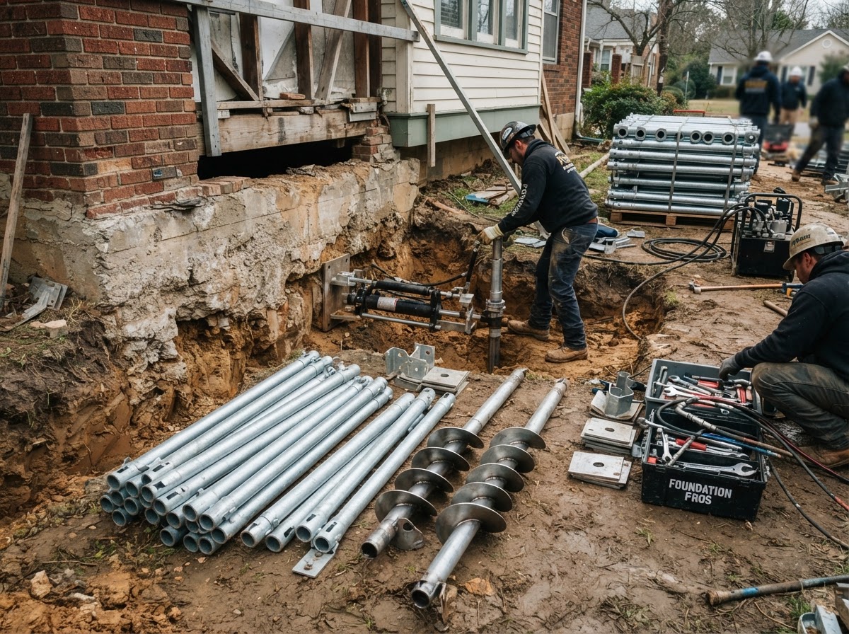 Steel push piers staged beside an excavated foundation footing