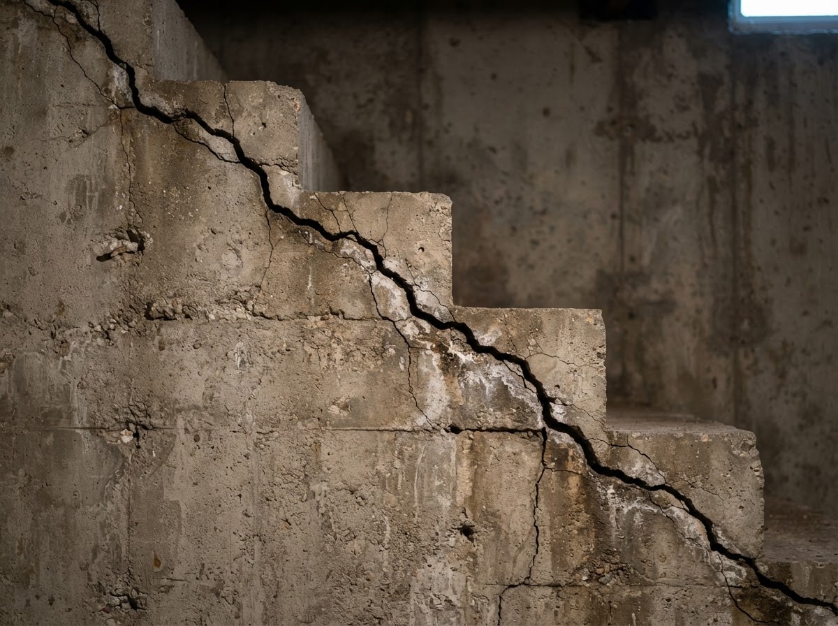 Diagonal crack running across a poured concrete basement wall