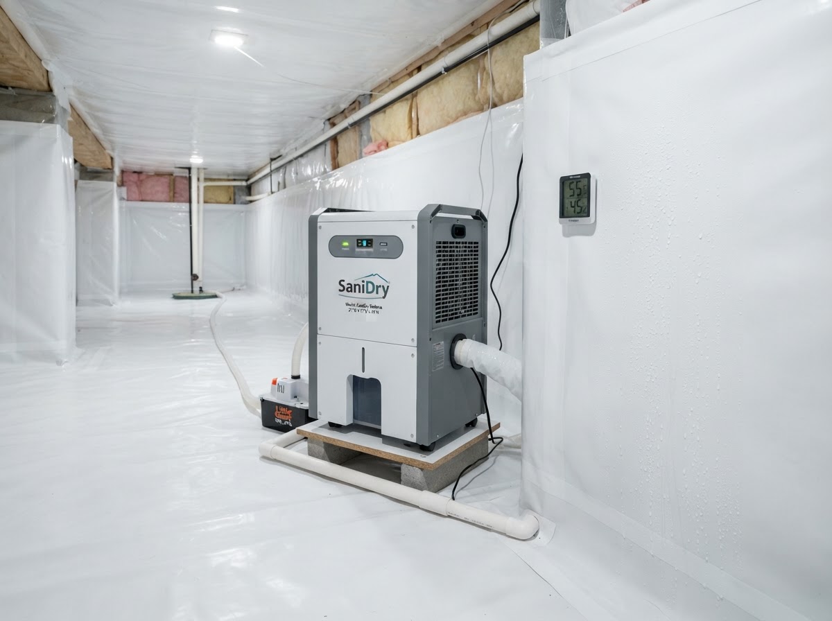 Dehumidifier running inside a sealed white encapsulated crawl space