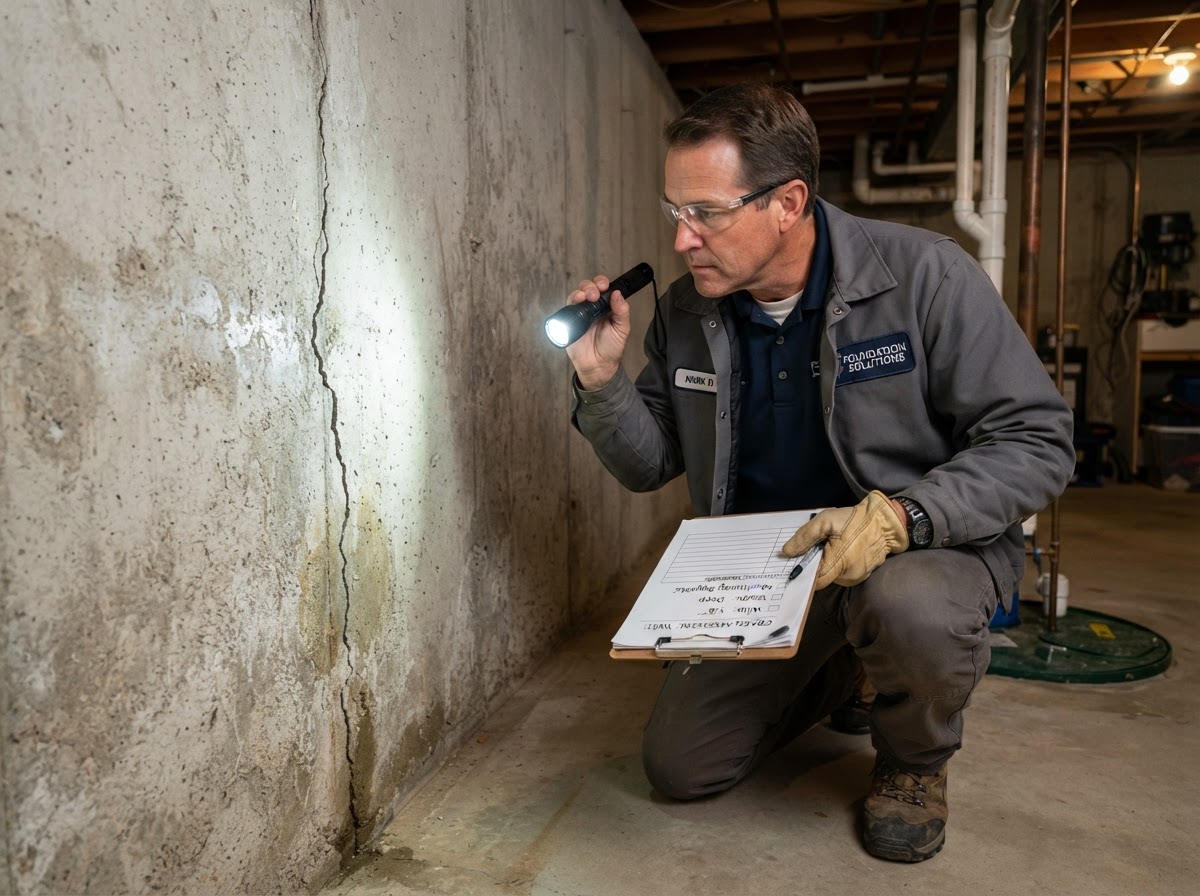 Foundation inspector examining a basement wall with a flashlight
