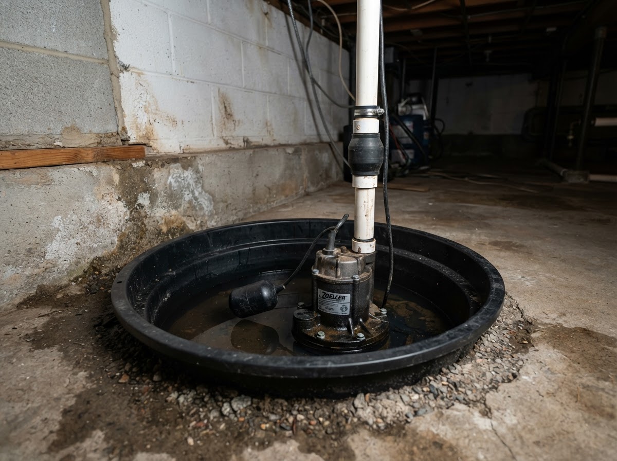 Sump pump sitting in a black basin inside a Midlothian basement with a discharge pipe