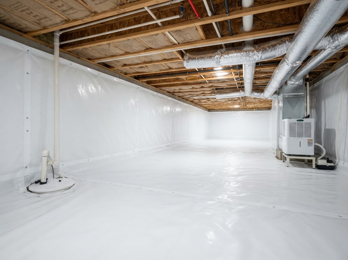 Encapsulated crawl space with bright white vapor barrier covering floor and walls