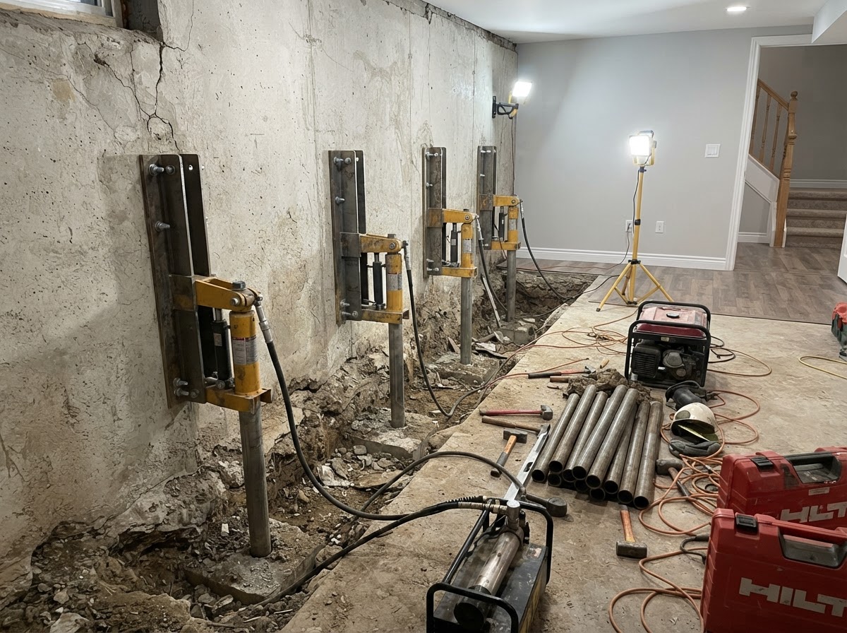 Steel push piers and brackets installed along an interior basement wall footing