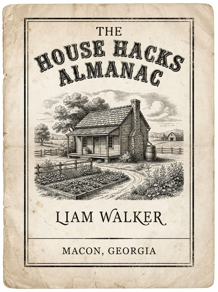 The House Hacks Almanac — book cover with woodcut house, rain barrel, and garden