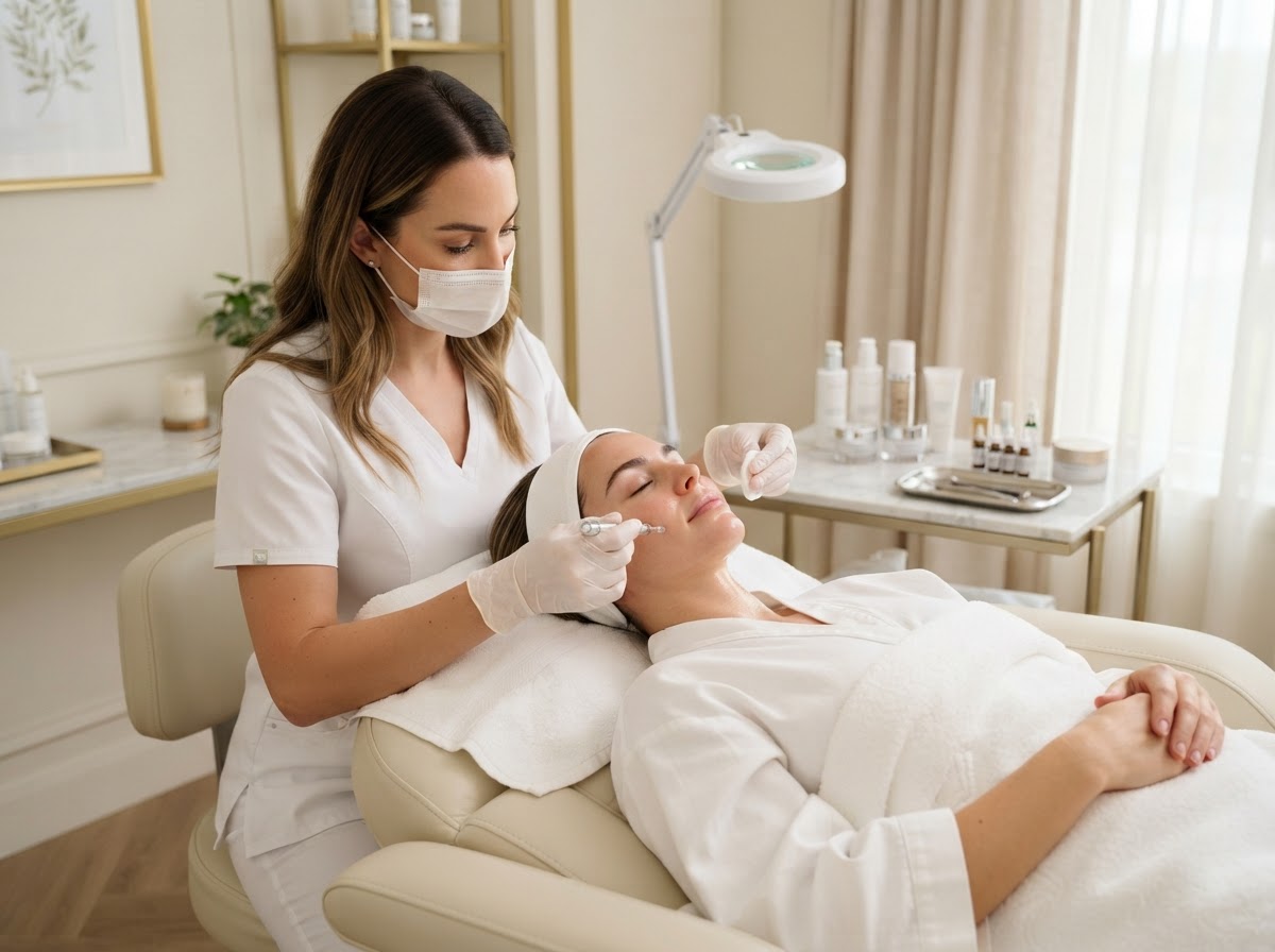 Paciente recibiendo un tratamiento facial suave en una clínica estética moderna